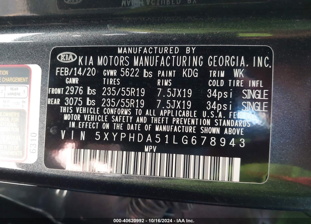 2020 KIA SORENTO 3.3L EX VIN: 5XYPHDA51LG678943