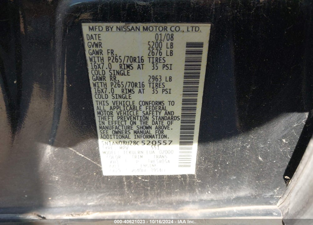 2008 NISSAN XTERRA S VIN: 5N1AN08U28C520557