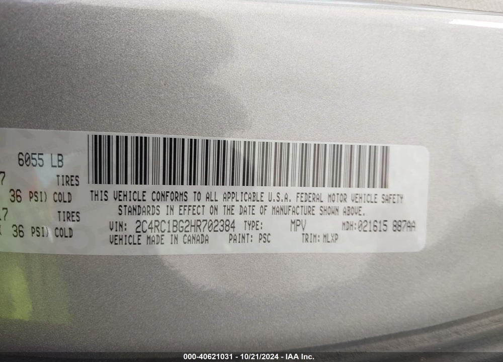 2017 CHRYSLER PACIFICA TOURING L VIN: 2C4RC1BG2HR702384