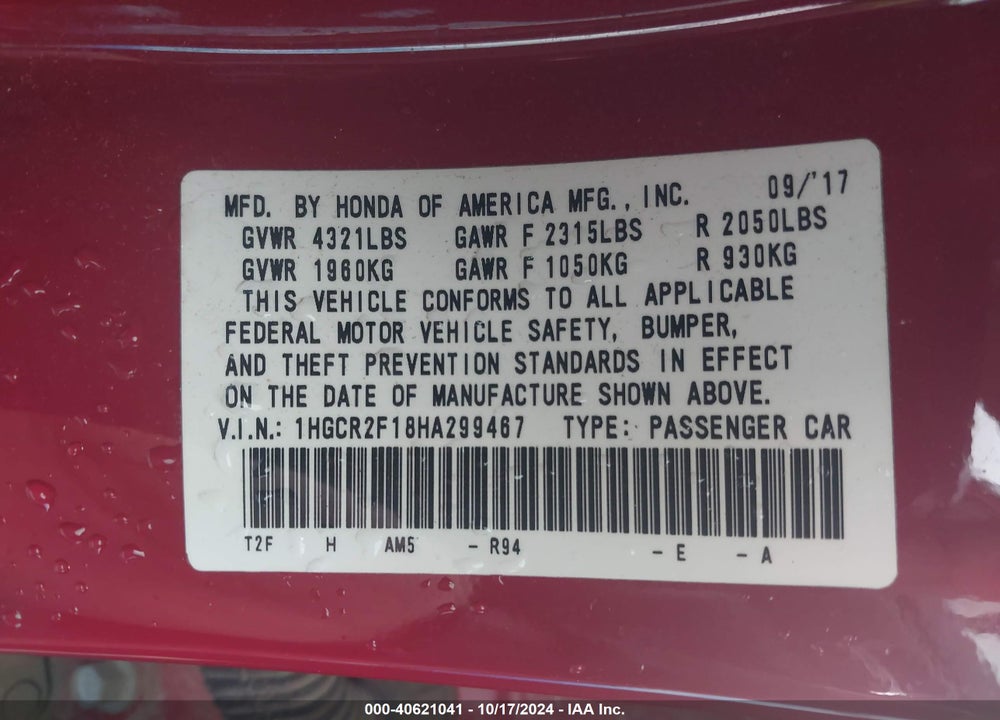 2017 HONDA ACCORD SPORT SE VIN: 1HGCR2F18HA299467