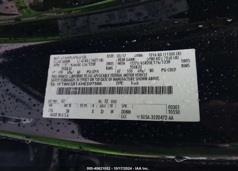 2017 FORD F-350 LARIAT VIN: 1FT8W3BTXHED07586