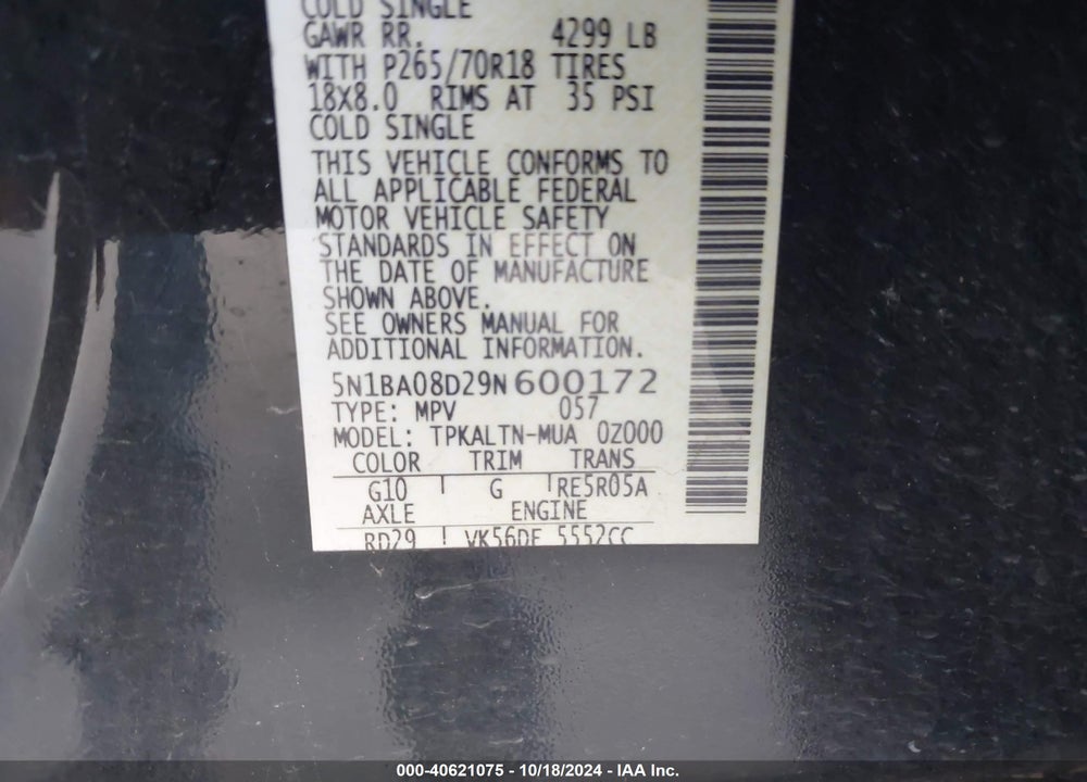 2009 NISSAN ARMADA SE VIN: 5N1BA08D29N600172