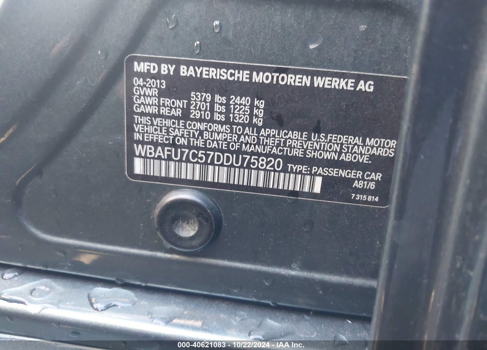 2013 BMW 535I XDRIVE VIN: WBAFU7C57DDU75820