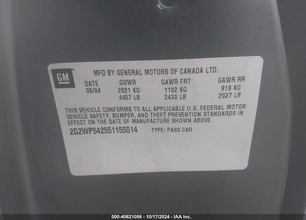 2005 PONTIAC GRAND PRIX VIN: 2G2WP542551155514