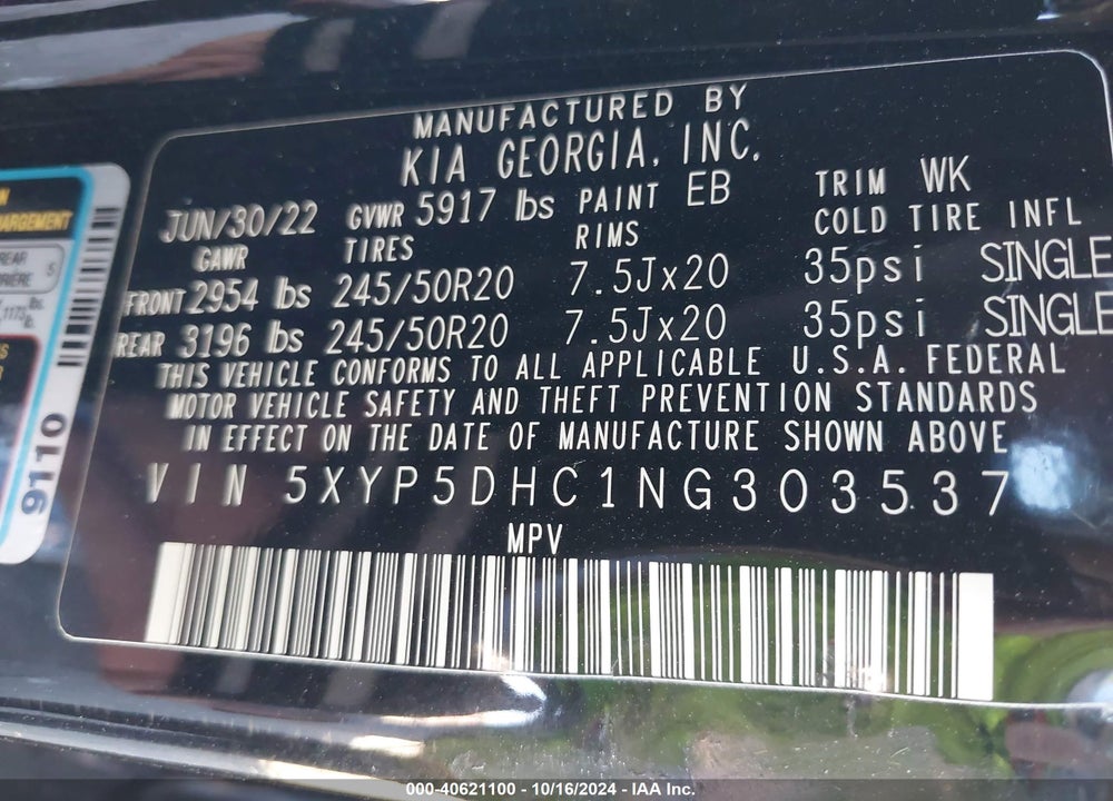 2022 KIA TELLURIDE SX VIN: 5XYP5DHC1NG303537