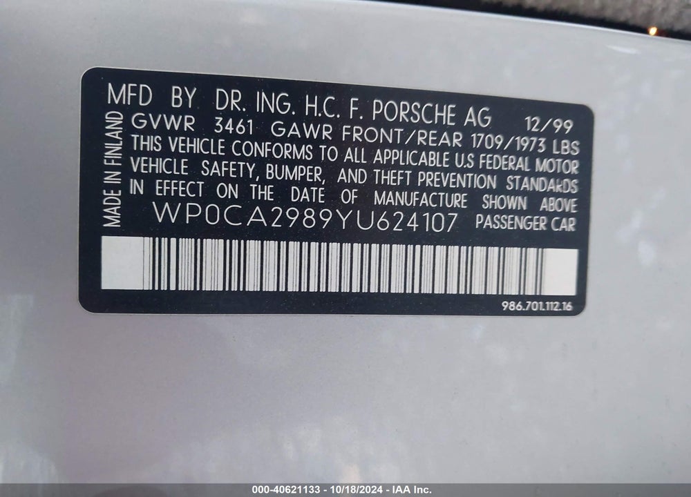 2000 PORSCHE BOXSTER VIN: WP0CA2989YU624107