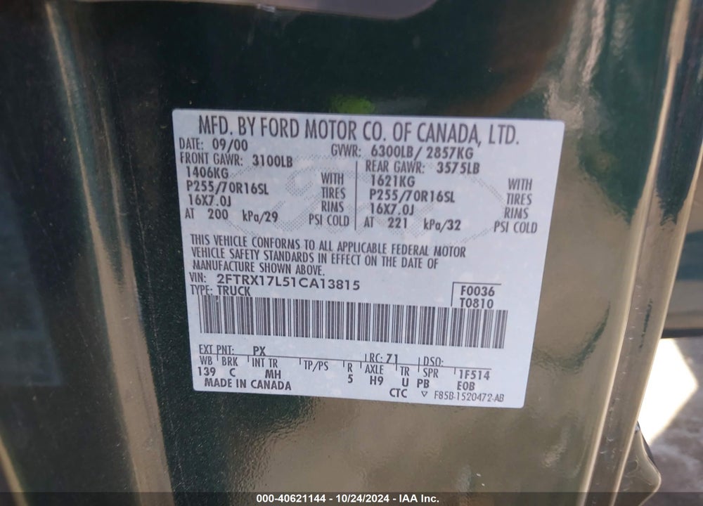 2001 FORD F-150 LARIAT/XL/XLT VIN: 2FTRX17L51CA13815