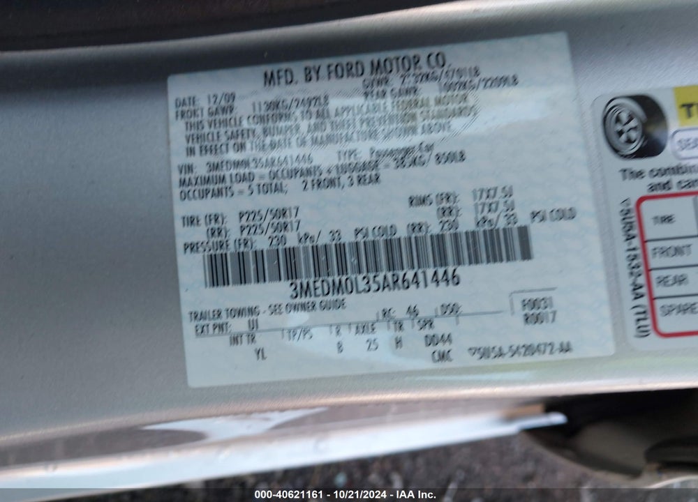 2010 MERCURY MILAN HYBRID VIN: 3MEDM0L35AR641446