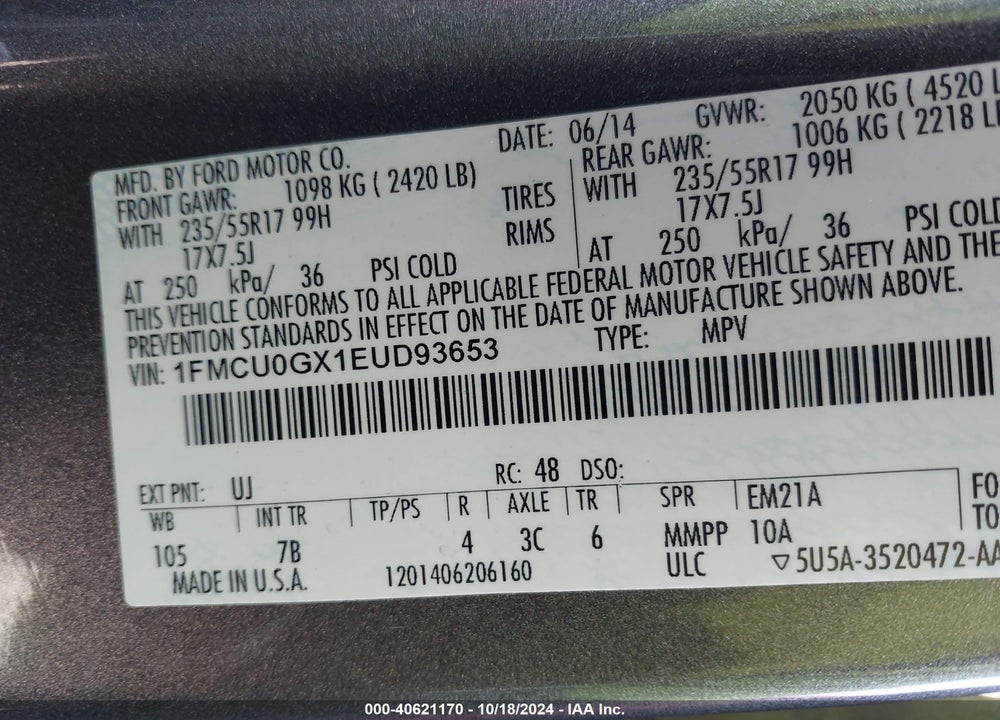 2014 FORD ESCAPE SE VIN: 1FMCU0GX1EUD93653