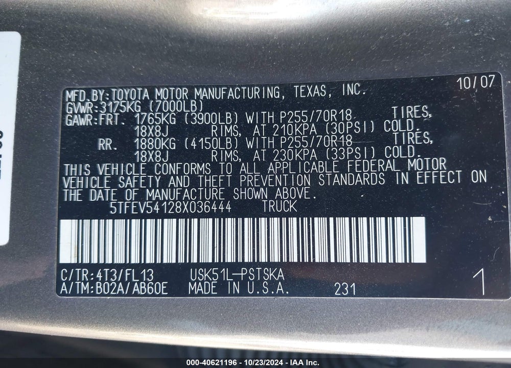 2008 TOYOTA TUNDRA SR5 5.7L V8 VIN: 5TFEV54128X036444