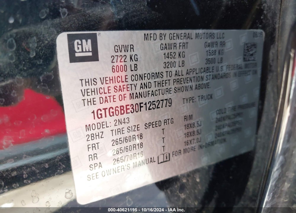 2015 GMC CANYON SLE VIN: 1GTG6BE30F1252779
