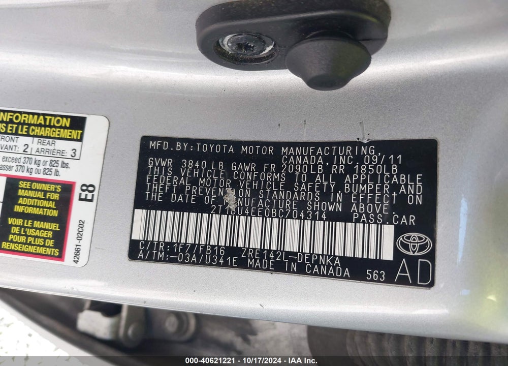 2011 TOYOTA COROLLA LE VIN: 2T1BU4EE0BC704314