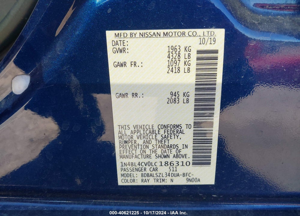 2020 NISSAN ALTIMA VIN: 1N4BL4CV0LC186310
