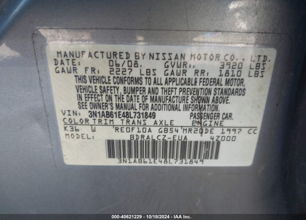 2008 NISSAN SENTRA 2.0 VIN: 3N1AB61E48L731849