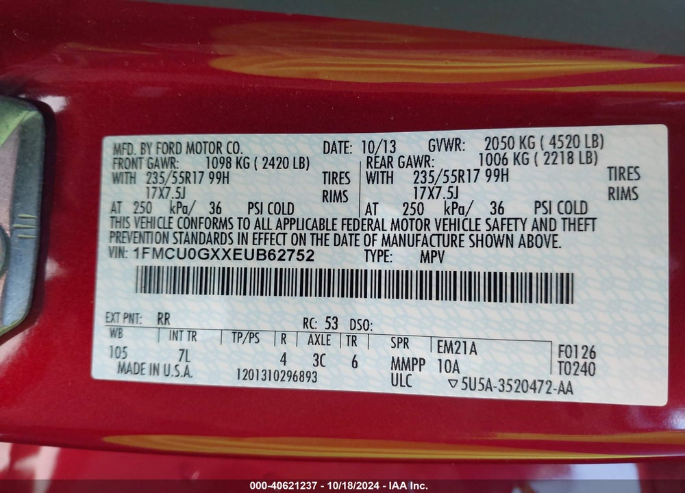 2014 FORD ESCAPE SE VIN: 1FMCU0GXXEUB62752