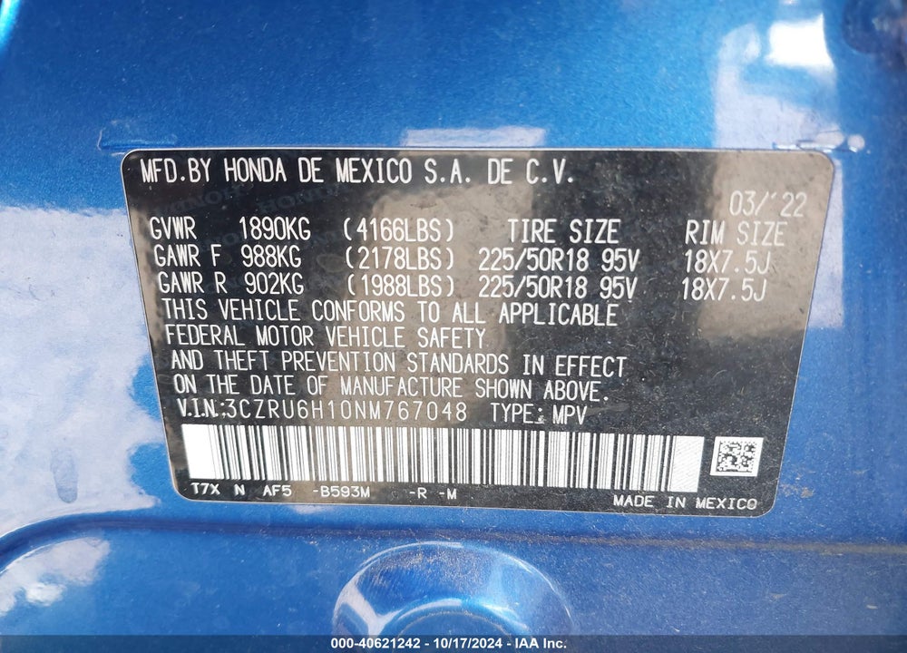 2022 HONDA HR-V AWD SPORT VIN: 3CZRU6H10NM767048