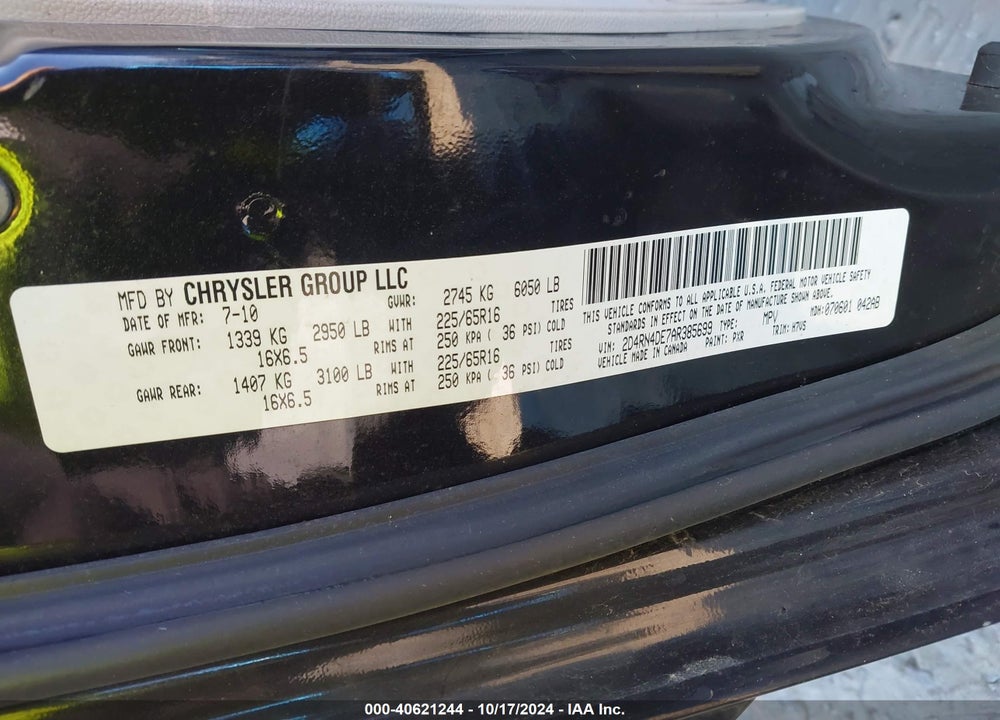 2010 DODGE GRAND CARAVAN SE VIN: 2D4RN4DE7AR385699