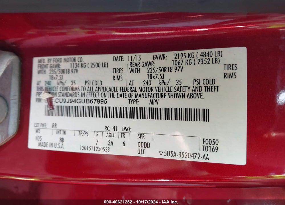2016 FORD ESCAPE TITANIUM VIN: 1FMCU9J94GUB67995