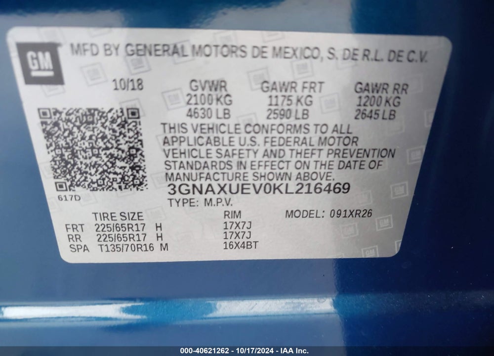 2019 CHEVROLET EQUINOX LT VIN: 3GNAXUEV0KL216469