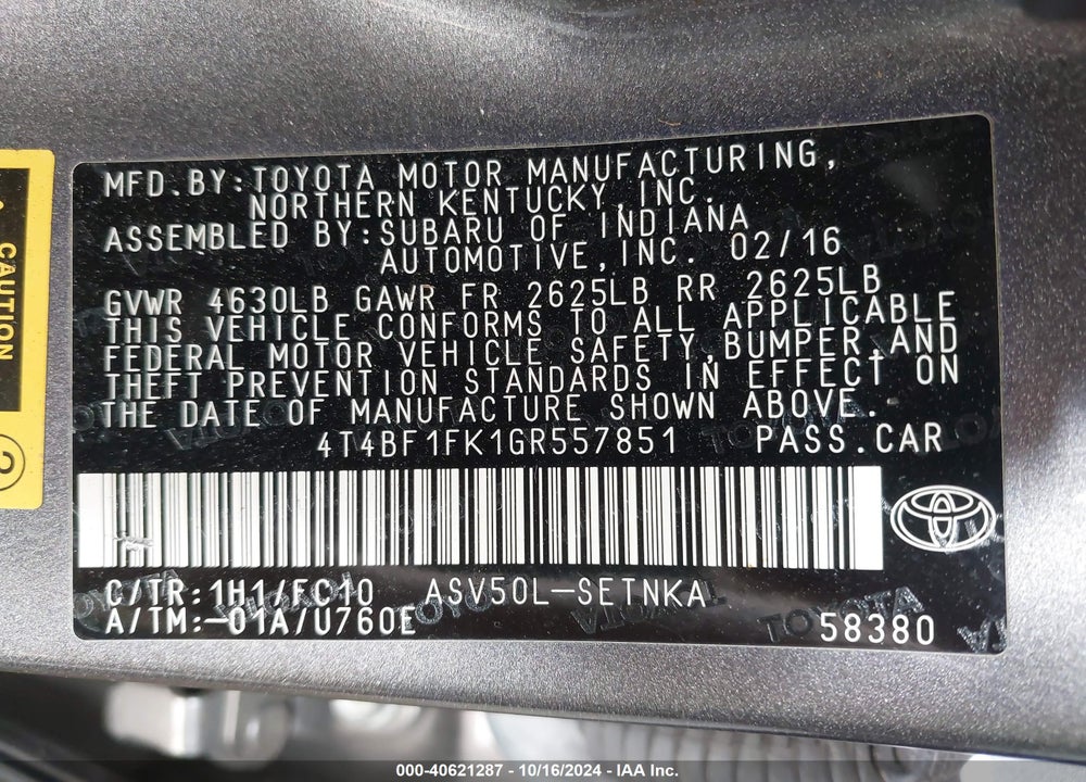2016 TOYOTA CAMRY LE VIN: 4T4BF1FK1GR557851