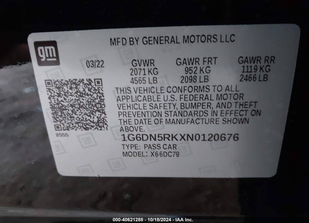2022 CADILLAC CT5 PREMIUM LUXURY VIN: 1G6DN5RKXN0120676