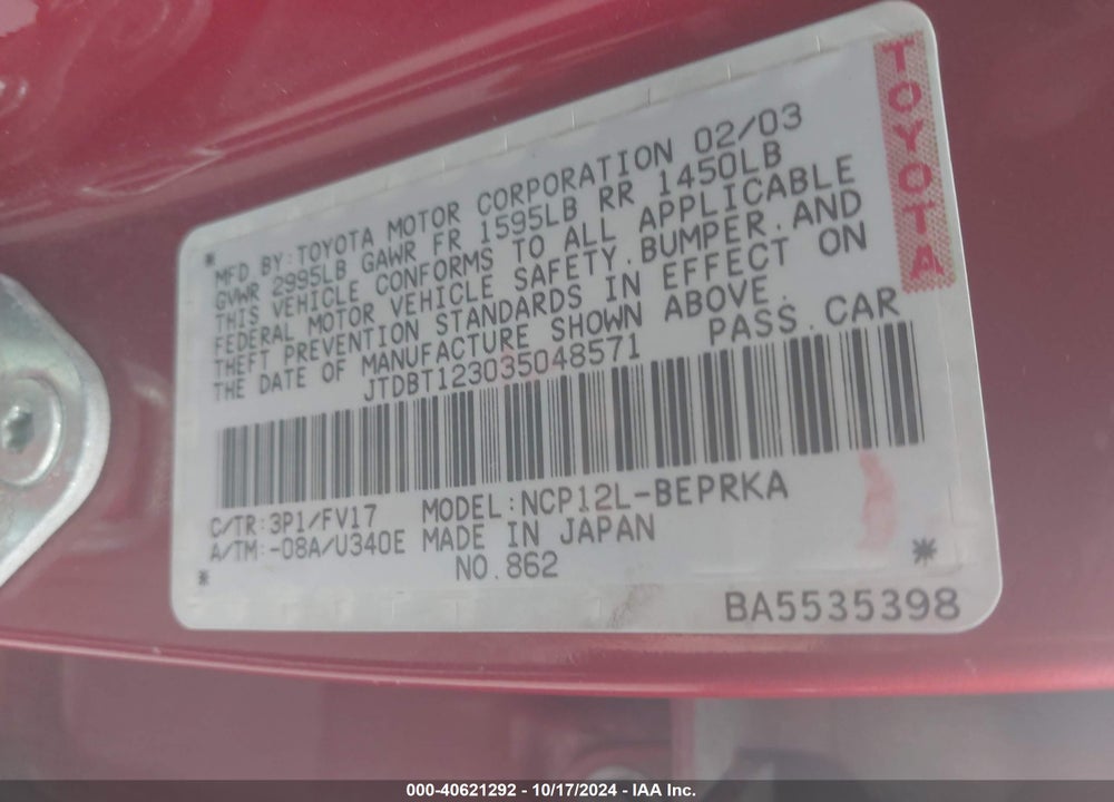 2003 TOYOTA ECHO VIN: JTDBT123035048571