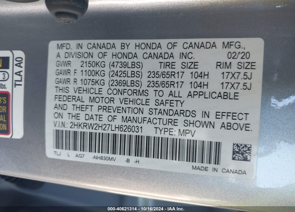 2020 HONDA CR-V AWD LX VIN: 2HKRW2H27LH626031
