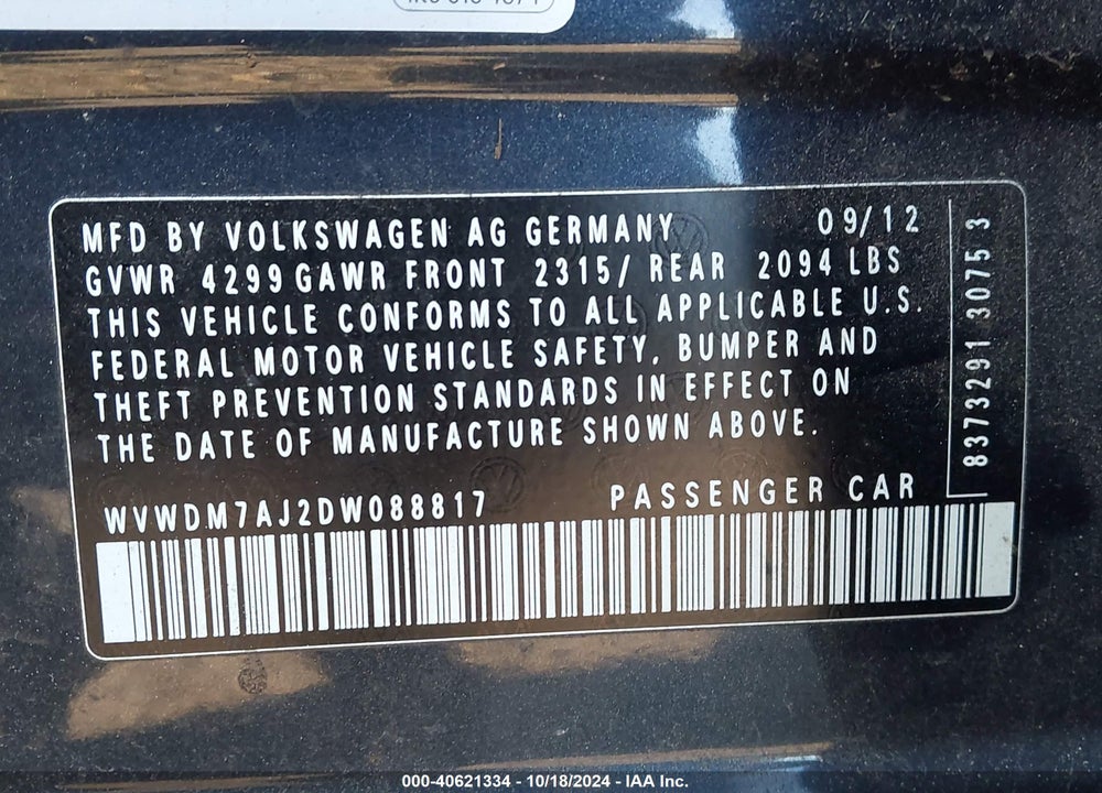 2013 VOLKSWAGEN GOLF 2.0L TDI 4-DOOR VIN: WVWDM7AJ2DW088817