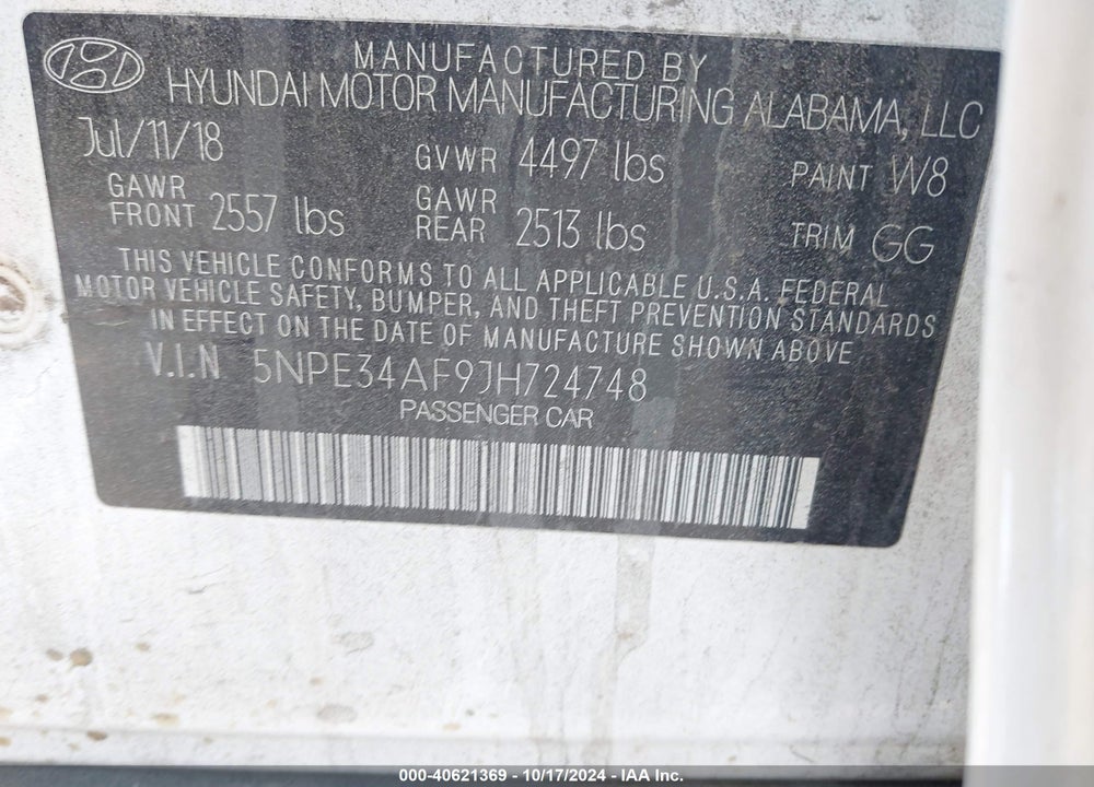 2018 HYUNDAI SONATA SEL VIN: 5NPE34AF9JH724748