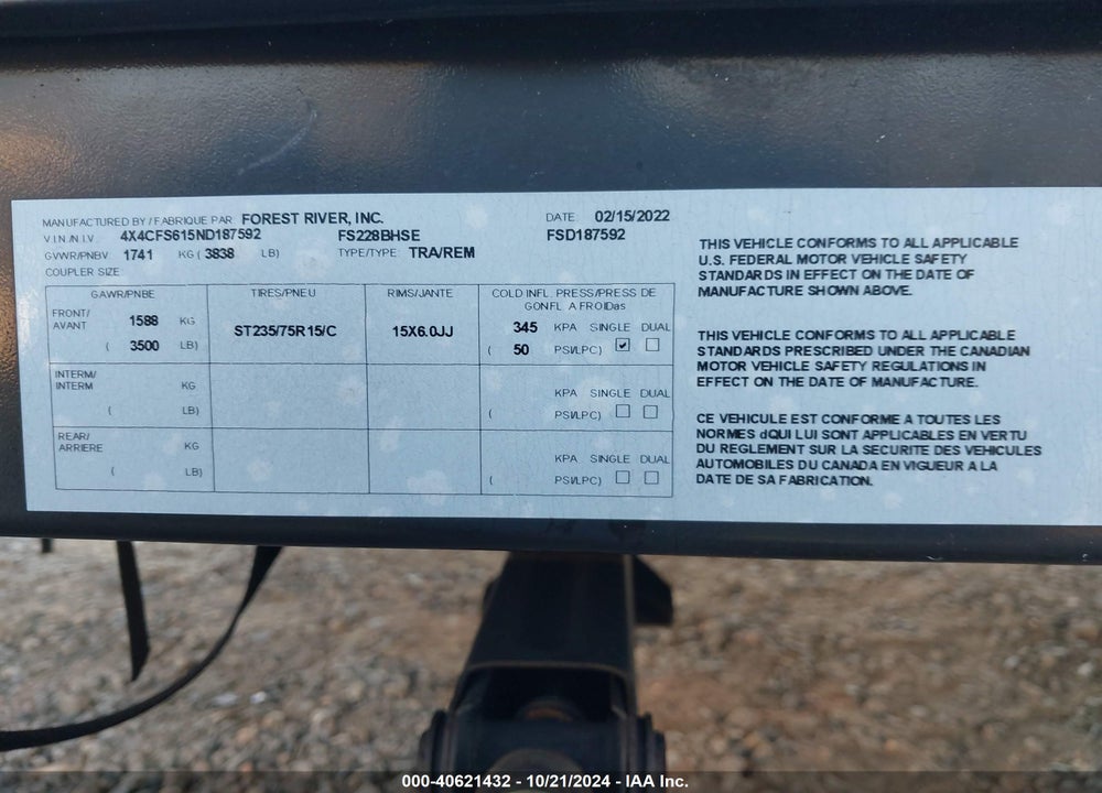 2022 FLAGSTAFF SE228BHSE VIN: 4X4CFS615ND187592