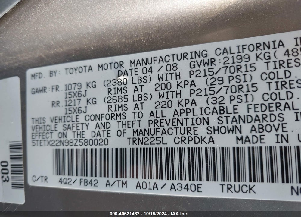 2008 TOYOTA TACOMA VIN: 5TETX22N98Z580020