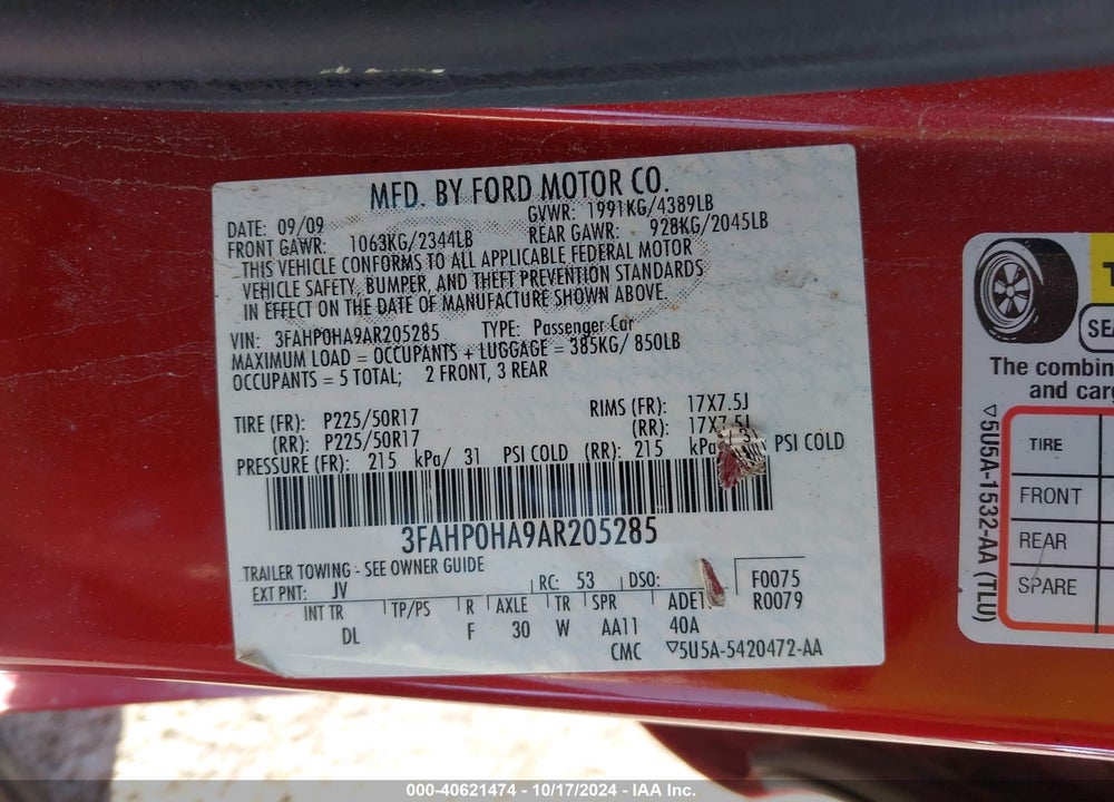2010 FORD FUSION SE VIN: 3FAHP0HA9AR205285