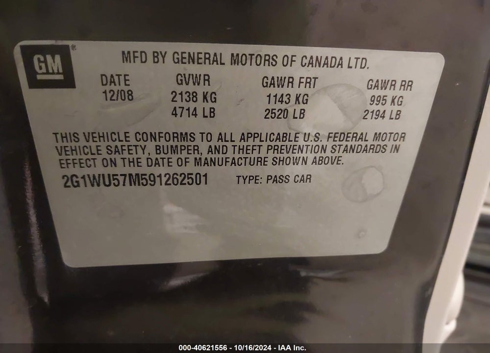 2009 CHEVROLET IMPALA LTZ VIN: 2G1WU57M591262501