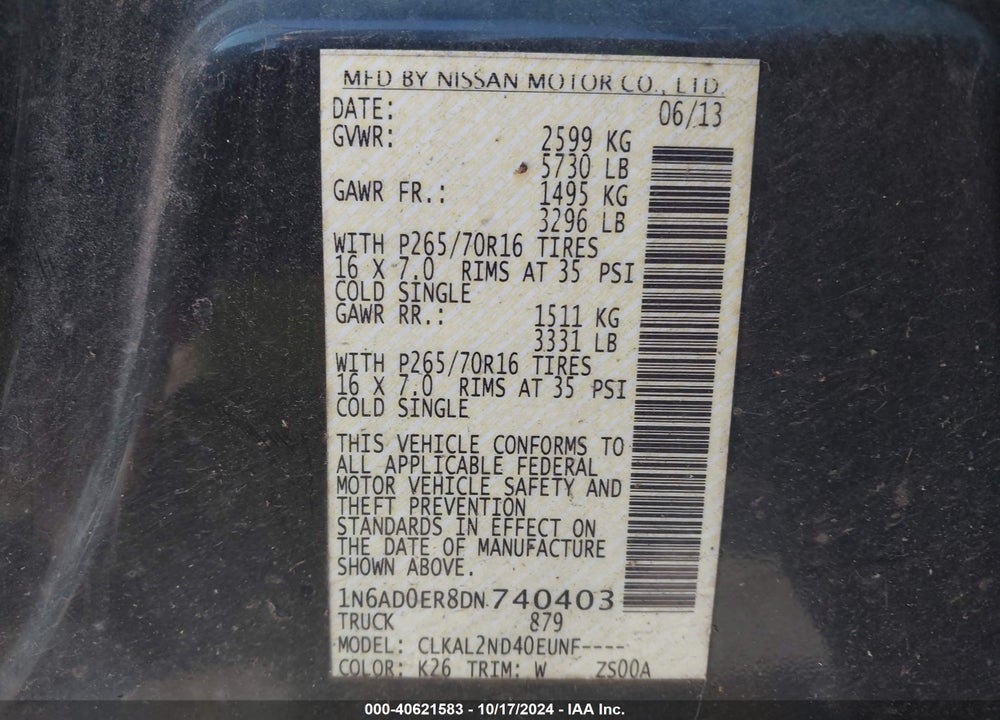 2013 NISSAN FRONTIER SV VIN: 1N6AD0ER8DN740403