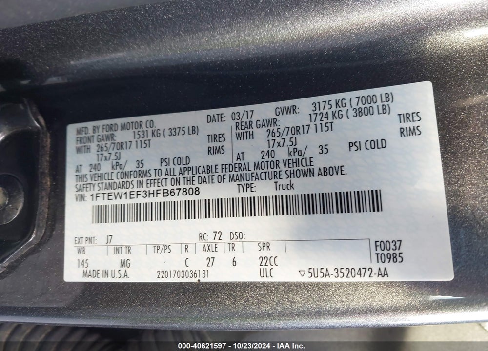 2017 FORD F-150 XLT VIN: 1FTEW1EF3HFB67808