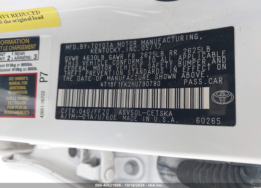 2017 TOYOTA CAMRY SE VIN: 4T1BF1FK2HU790780