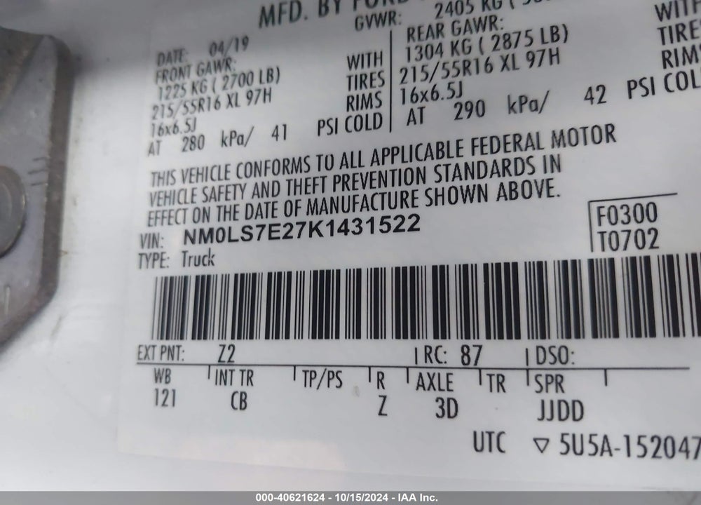 2019 FORD TRANSIT CONNECT XL VIN: NM0LS7E27K1431522