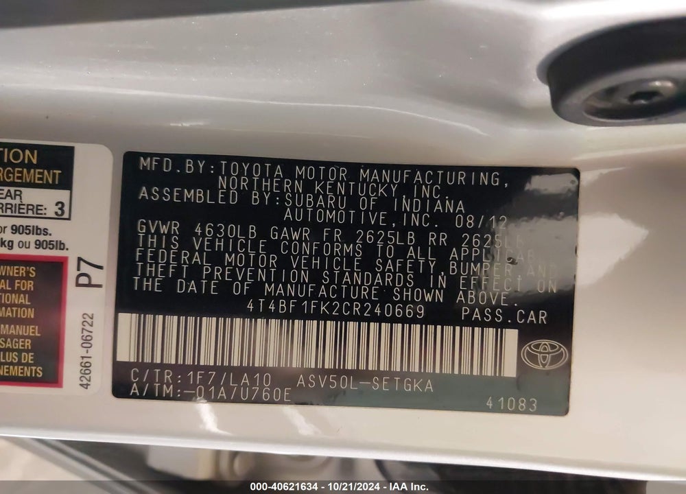 2012 TOYOTA CAMRY XLE VIN: 4T4BF1FK2CR240669