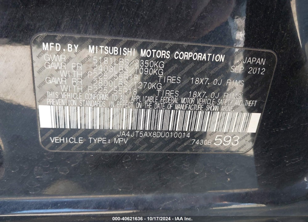 2013 MITSUBISHI OUTLANDER GT VIN: JA4JT5AX8DU010014