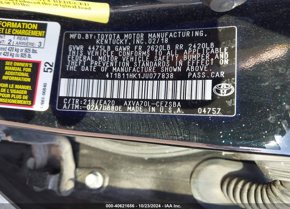 2018 TOYOTA CAMRY SE VIN: 4T1B11HK1JU077838