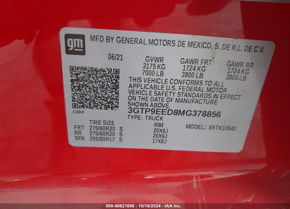 2021 GMC SIERRA 1500 VIN: 3GTP9EED8MG378856