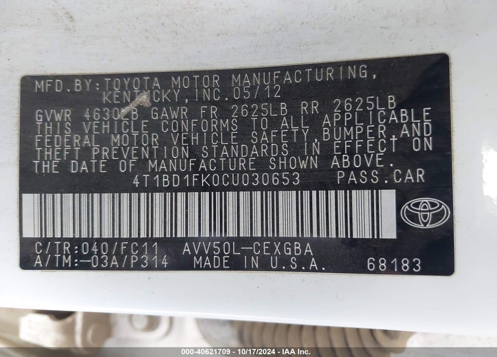 2012 TOYOTA CAMRY HYBRID XLE VIN: 4T1BD1FK0CU030653