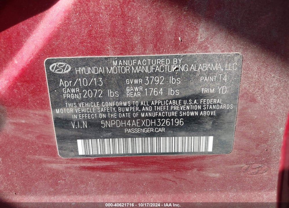 2013 HYUNDAI ELANTRA GLS VIN: 5NPDH4AEXDH326196