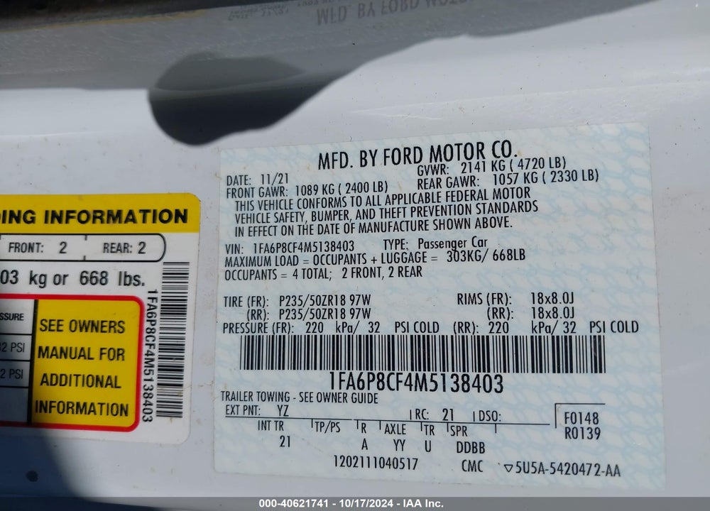 2021 FORD MUSTANG GT VIN: 1FA6P8CF4M5138403