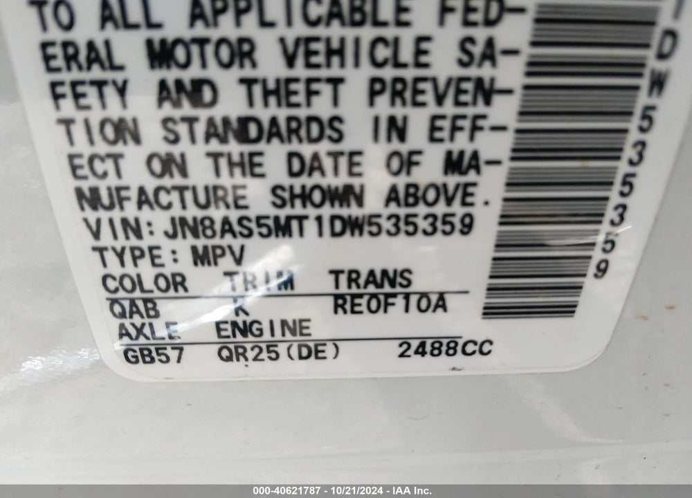 2013 NISSAN ROGUE S VIN: JN8AS5MT1DW535359