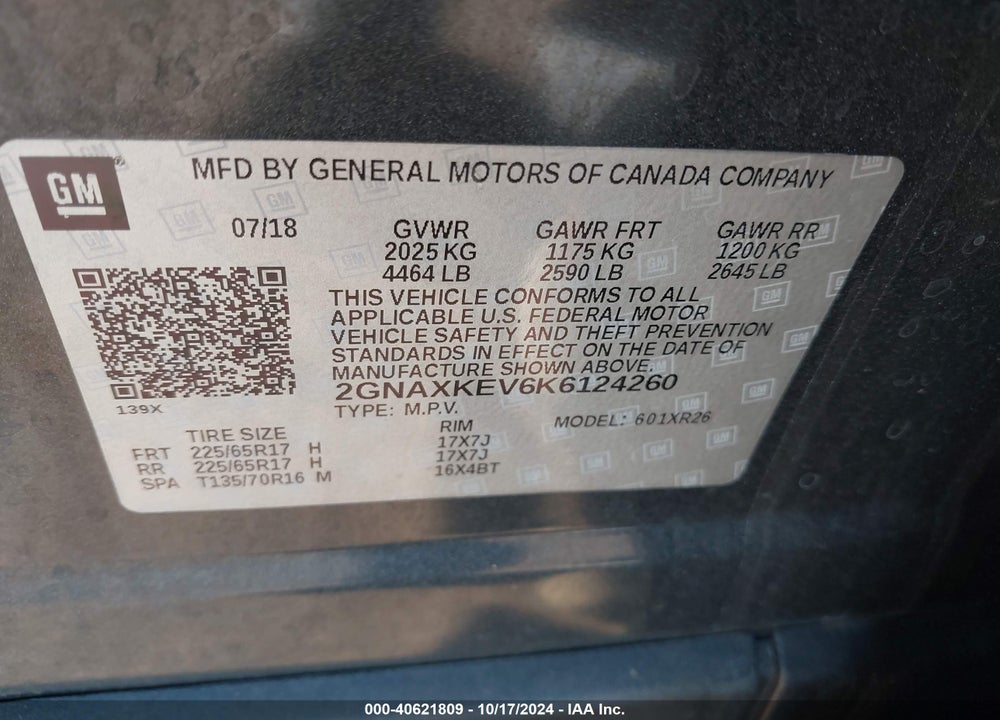 2019 CHEVROLET EQUINOX LT VIN: 2GNAXKEV6K6124260
