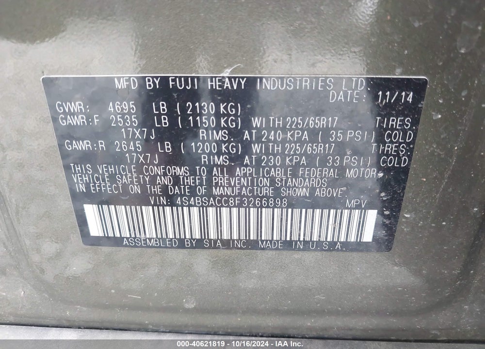 2015 SUBARU OUTBACK 2.5I PREMIUM VIN: 4S4BSACC8F3266898