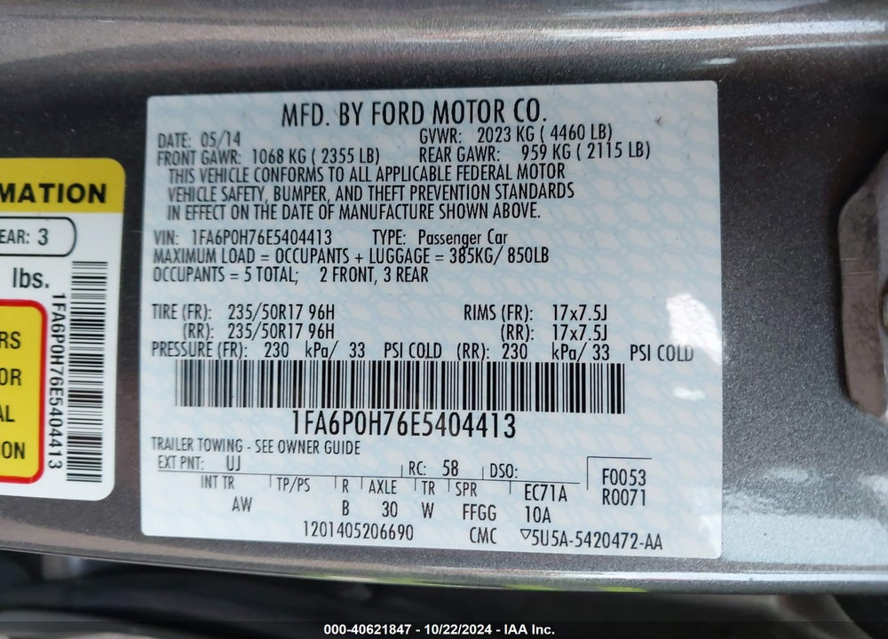 2014 FORD FUSION SE VIN: 1FA6P0H76E5404413