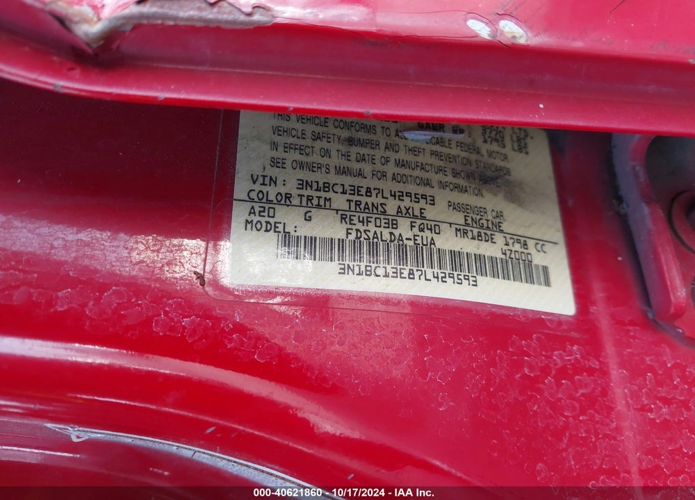 2007 NISSAN VERSA 1.8S VIN: 3N1BC13E87L429593