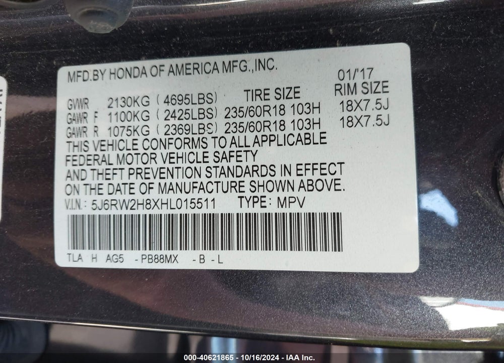 2017 HONDA CR-V VIN: 5J6RW2H8XHL015511